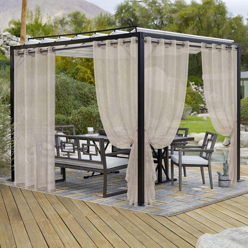 LORDTEX Burlap Linen Look Outdoor Curtains for Patio - 2 Panels Waterproof Sheer Curtains for Pergola, Porch, Cabana and Gazebo Grommet Indoor/Outdoor Voile Sheer Drapes (52 x 84 inch, Linen) - Image 1